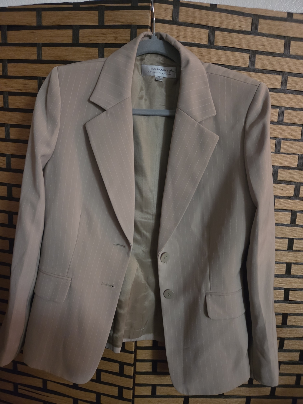 Tahari Light Beige Pinstripe Blazer - Classic Two-Button Tailored Jacket